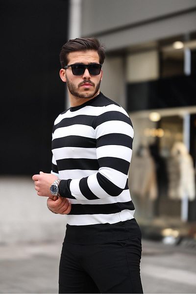 Valiberta Knitted Striped Crew Neck Thin Knitwear Men's Sweater - Black