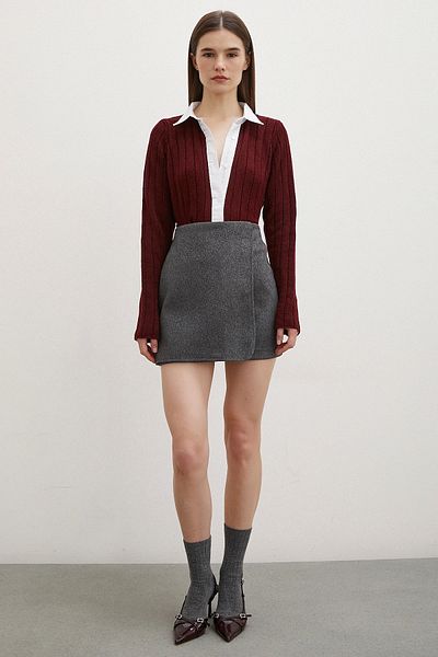 Never more Cardigan din mătase burgundă - guler cămașă