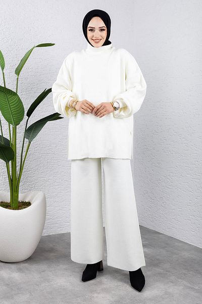 Tesettür Dünyası White Balloon Sleeve Knitwear Set - Tsd 240952