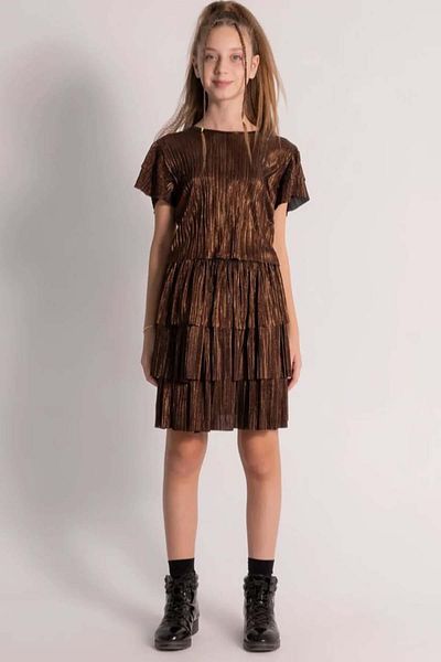 Riccotarz Girl's Shiny Fabric Leaf Blouse Pleated Metal Color Skirt Suit
