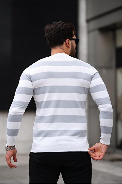 Valiberta Knitted Striped Crew Neck Thin Knitwear Men's Sweater - Gray