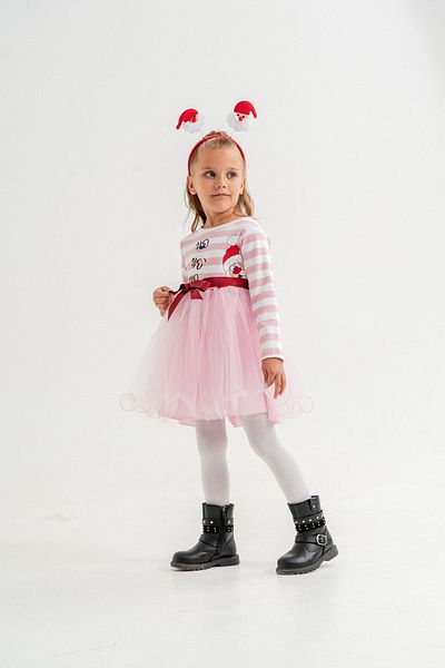Eray Kids Christmas Themed Santa Claus Printed Striped Pink Tutu Dress with Crown Gift
