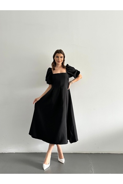 SONREİR Skládané dlouhé šaty s krátkým balónovým rukávem se čtvercovým výstřihem