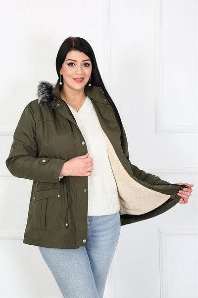 By Alba Collection Γυναικείο παλτό με λεπτομέρεια τσέπης Χακί Αδιάβροχο Bondit Fabric Plus Size