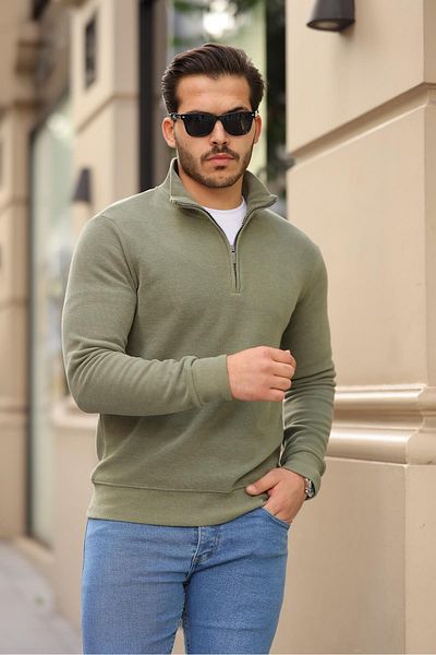 Valiberta Thessaloniki Knitted Fabric Half Zipper Men's Sweatshirt - Khaki
