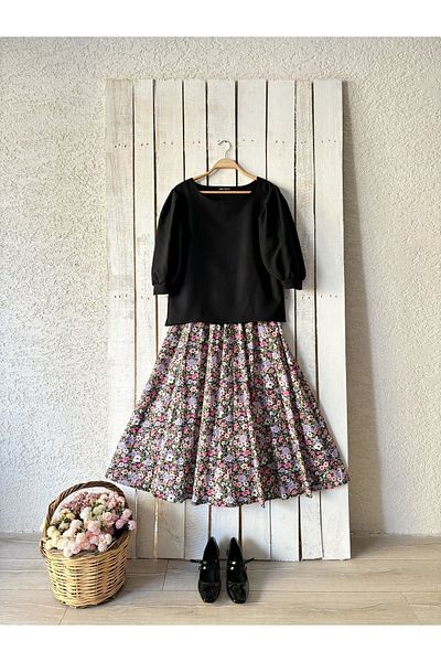 KÜÇÜĞÜM BUTİK Φούστα Poplin Flared - Μαύρη και Λιλά Floral