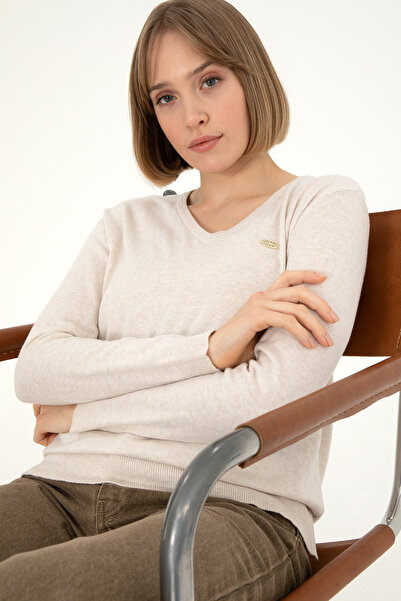 U.S. Polo Assn. Pulover de bază pentru femei, crem Melange, cu decolteu în V 50288973-VR159