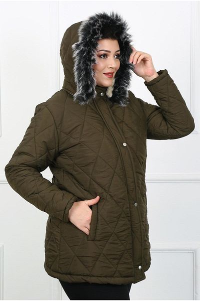 By Alba Collection Women's Khaki Crinkle Fabric Wool Inside Large Size Coat