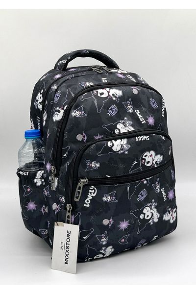ms mixxstore Set de geanți pentru școală primară cu model de caractere de culoare neagră cu alimentare din folie și suport pentru stilou / 825