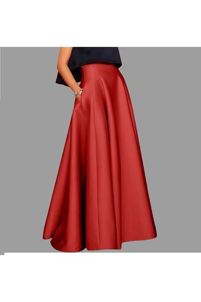 NSMLİFE Women's Red High Waist Maxi Long A-line Pleated Satin Skirt with Pockets