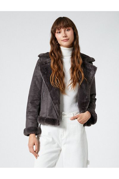 Koton Biker Jacket Faux Leather Faux Fur Zippered Pocket Detailed