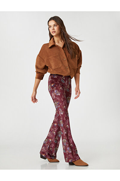 Koton بنطلون الساق الاسبانية المخملية نمط الأزهار عالية الخصر