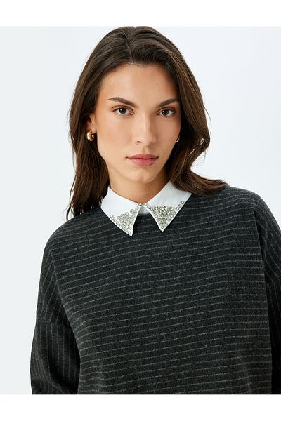 Koton Şahika Ercümen - Long Sleeve and Striped Stone Detail Sweater
