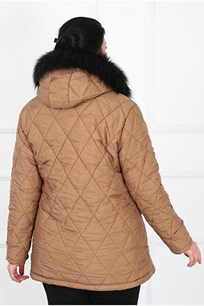 By Alba Collection Women's Tan Crinkle Fabric Wool Inside Large Size Coat