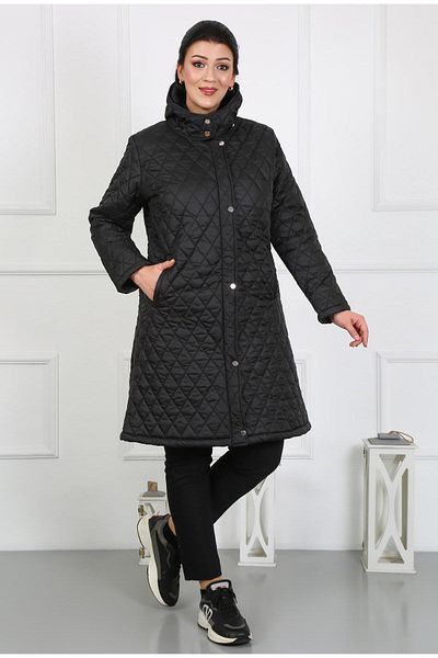 By Alba Collection Women's Black Long Diamond Slice Quilted Large Size Coat