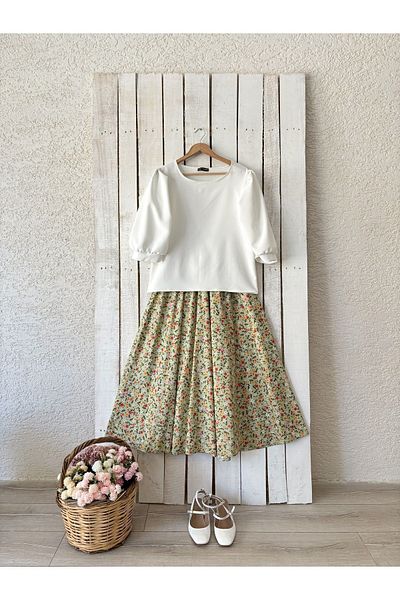 KÜÇÜĞÜM BUTİK Fusta evazată din poplin - Motiv Floral Verde