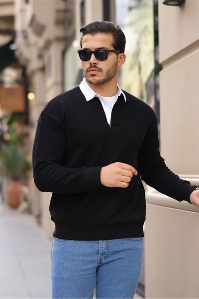 Valiberta Polo Collar Thessaloniki Knitted Fabric Men's Sweatshirt - Black