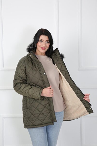 By Alba Collection Women's Khaki Baklava Pattern Puff Quilted Large Size Coat