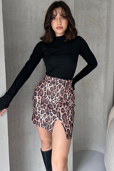 Fav Style High Waist Leopard Print Mini Skirt - Elastic and Slit, Brown