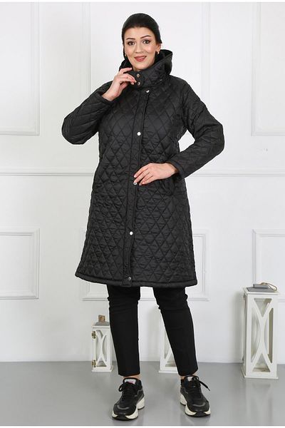 By Alba Collection Women's Black Long Diamond Slice Quilted Large Size Coat