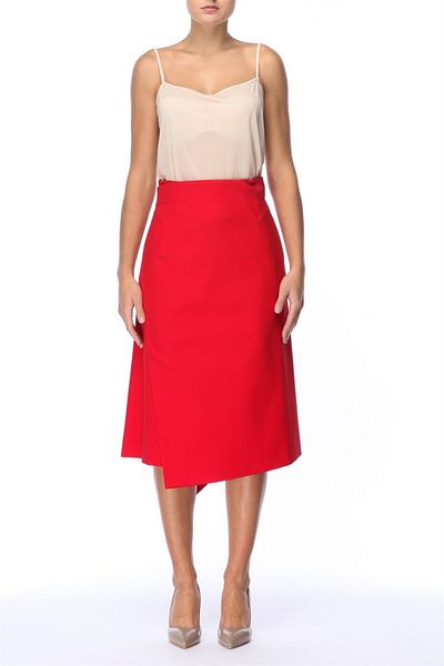 Escada Waist Tied Midi Length Red Cotton Double Breasted Skirt