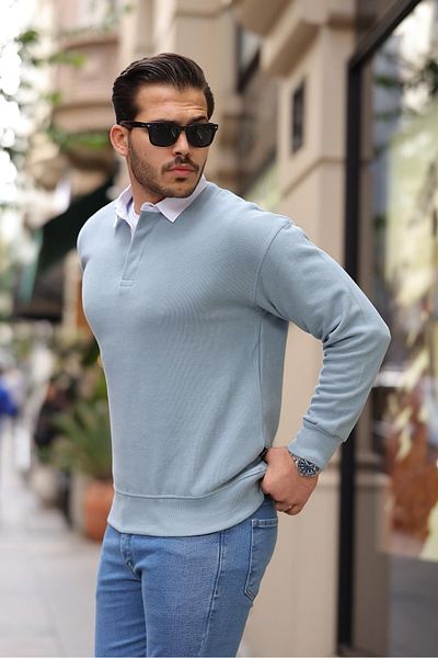 Valiberta Polo Collar Thessaloniki Knitted Fabric Men's Sweatshirt - Cold Blue