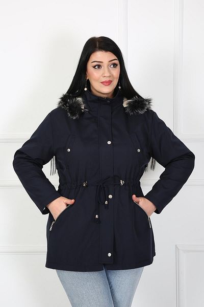 By Alba Collection Women's Navy Blue Zipper Detail Water Repellent Bondit Fabric Large Size Coat