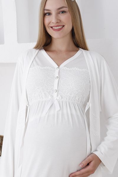 ERDENİZ TEKSTİL Set cămașă de noapte și rochie de maternitate cu mâneci lungi / dantelă la piept și nasturi / papuci și cadou coroană