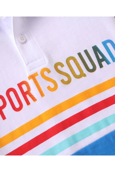 Babyhug Cotton Knit Half Sleeves Cut & Sew with Text Graphics Polo T-Shirt - White & Blue