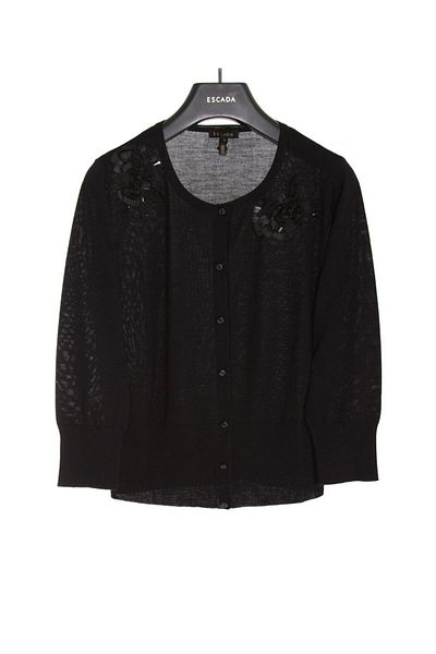 Escada Embroidered Half Sleeve Short Length Black Wool And Silk Knitwear Cardigan