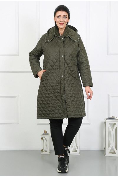 By Alba Collection Palton de damă, kaki, lung cu diamante, matlasat, de dimensiuni mari