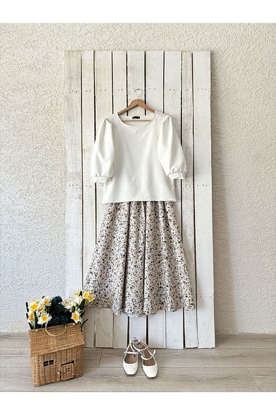 KÜÇÜĞÜM BUTİK Φούστα Poplin Flared - Γκρι-Καφέ Floral Σχέδιο
