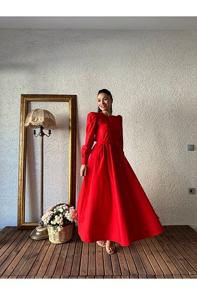 KÜÇÜĞÜM BUTİK Κόκκινο Φόρεμα Hijab Flared Poplin