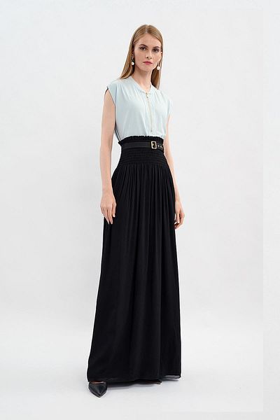Escada Sport Belted Gathered Waist Long Length Black Viscose Skirt