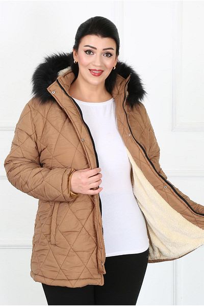 By Alba Collection Women's Tan Crinkle Fabric Wool Inside Large Size Coat