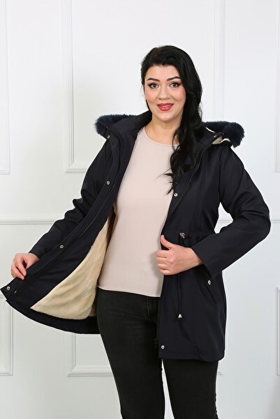 By Alba Collection Women's Navy Blue Water Repellent Bondit Fabric Detachable Hooded Plus Size Coat