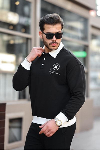 Valiberta Polo Neck Buttoned Embroidered Sweatshirt - Black