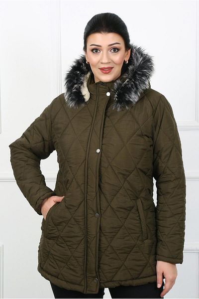 By Alba Collection Women's Khaki Crinkle Fabric Wool Inside Large Size Coat