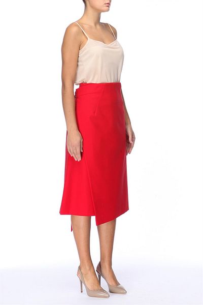 Escada Waist Tied Midi Length Red Cotton Double Breasted Skirt