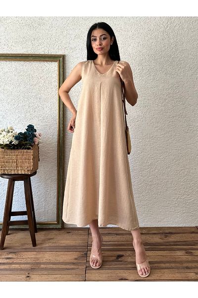 KÜÇÜĞÜM BUTİK V-neck Beige Linen Dress - Casual Model