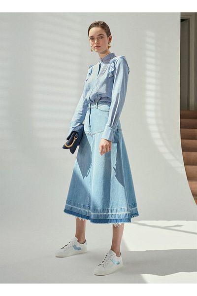 Escada Sport Antique Detailed Pocket Midi Length Blue Cotton Jean Skirt