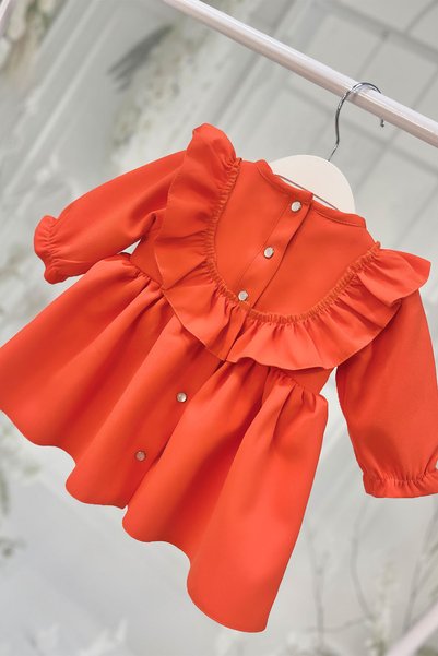 Bertuğ Bebek Lace And Ruffle Detailed Orange Crepe Baby Girl Dress