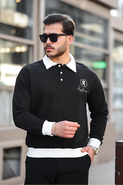 Valiberta Polo Neck Buttoned Embroidered Sweatshirt - Black