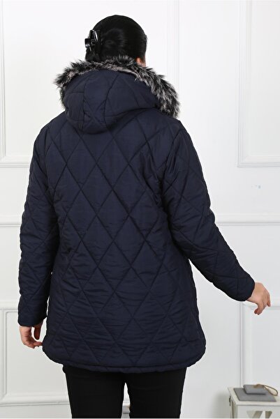 By Alba Collection Γυναικείο παλτό από ύφασμα Navy Blue Crinkle Inside Wool Plus Size