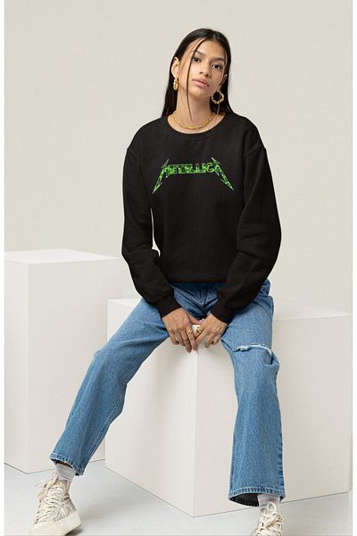 Fuddy Moda Унисекс суитшърт без качулка с принт на череп на гърба в зелен цвят Metallica