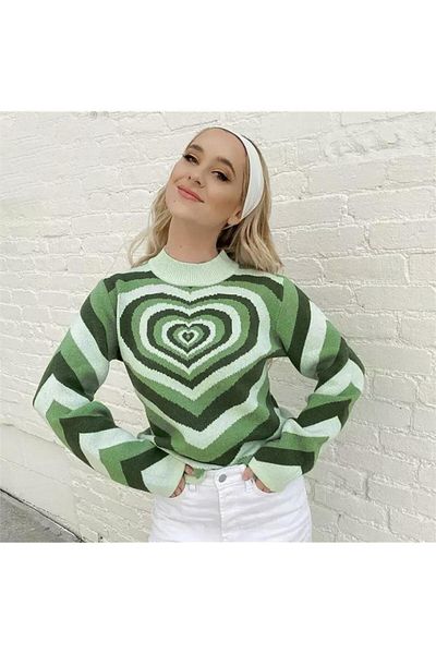Köstebek Harajuku Green Heart Patterned Sweater