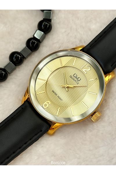 Q&Q Brand Black Color Leather Band, Waterproof Yellow Case Men Wrist Watch Bracelet