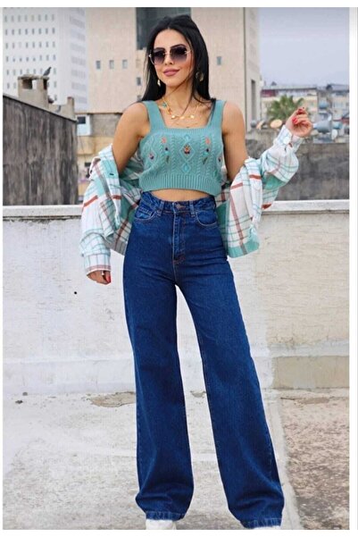 modazoom Dark Blue Lycra Palazzo Loose Jean Trousers