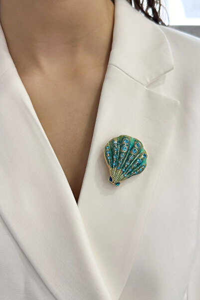 Modex Taşlı Deniz Kabuğu Broş (En:4cm Boy:4,5cm)