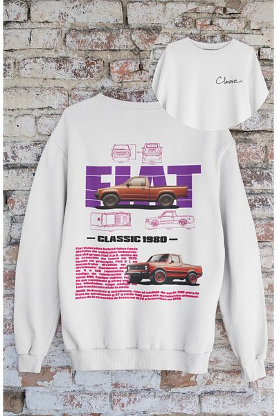 Fuddy Moda Unisex Fiat Classic 1980 Back Printed Hoodless Sweatshirt, Oversize Car Printed Sweatshirt
